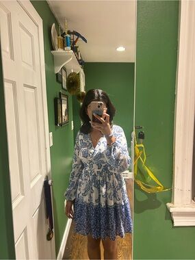 Japna White & Blue Floral Tiered Wrap-Style Midi Dress